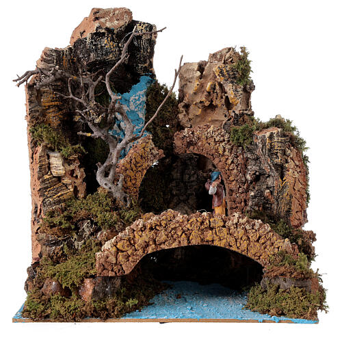 Krippenszenerie, Wasserfall mit Brücke und Hirten, 25x25x20 cm, für 6 cm Krippe 1