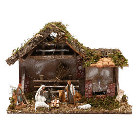 Cabane avec fenil fontaine et nativité crèche 10 cm