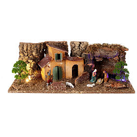 Nativity village with a house and night lights, for 7 cm nativity