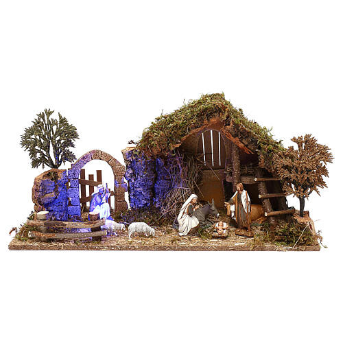 Stable with arch nighttime and 10 cm Nativity scene Moranduzzo 1