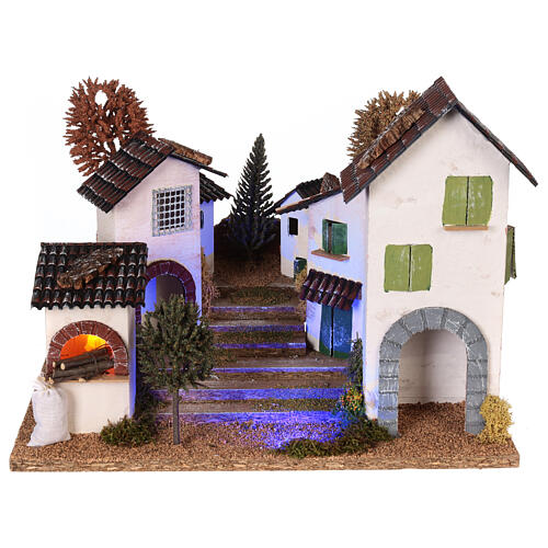 Dorf mit Treppenweg, Ofen und Beleuchtung, für 8-9 cm Krippe 1