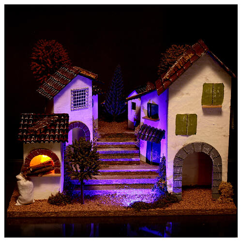 Pueblo con escalera, horno y luces belén 8-9 cm efecto nocturno 4