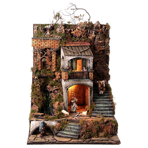 Neapolitan nativity village with 8 cm figures and waterfall 55x40x40 module 2 1