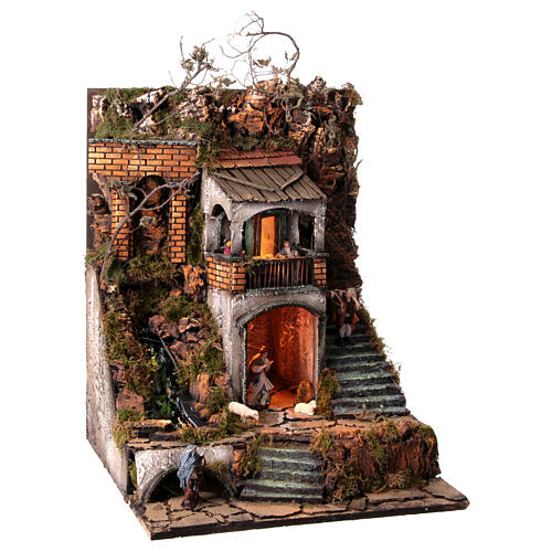 Neapolitan nativity village with 8 cm figures and waterfall 55x40x40 module 2 4