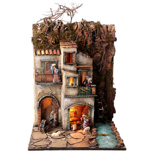 Neapolitan nativity village with 8 cm figures and watermill 55x40x40 module 3 1