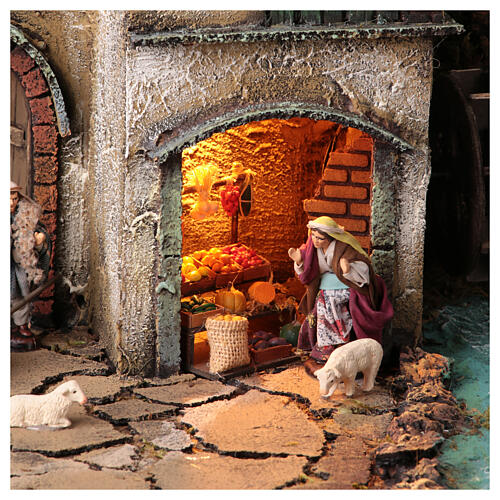 Neapolitan nativity village with 8 cm figures and watermill 55x40x40 module 3 2