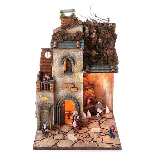 Neapolitan nativity village 8 cm figures with oven 55x40x40 module 4 statues. 1