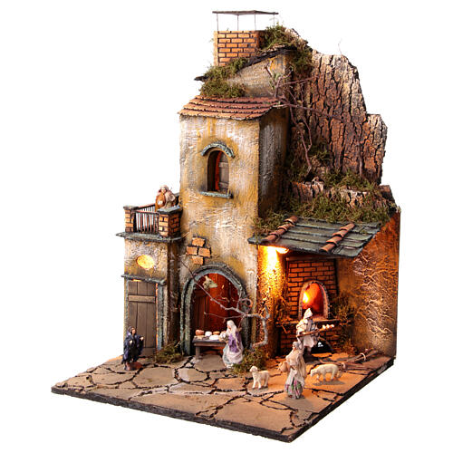 Neapolitan nativity village 8 cm figures with oven 55x40x40 module 4 statues. 3