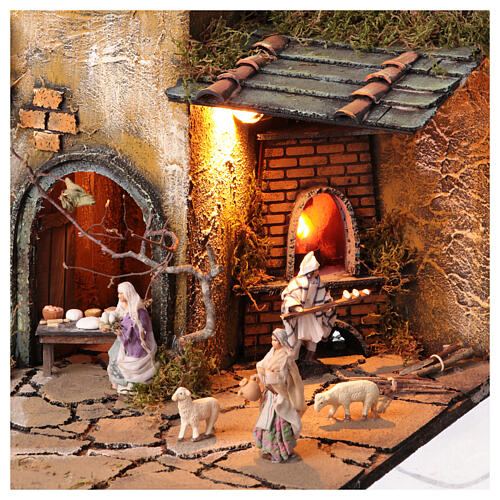Neapolitan nativity village 8 cm figures with oven 55x40x40 module 4 statues. 4