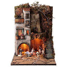 Kamienica ze sceną narodzenia, studnią i wiatrakiem, moduł 5, z figurkami, 55x40x40 cm