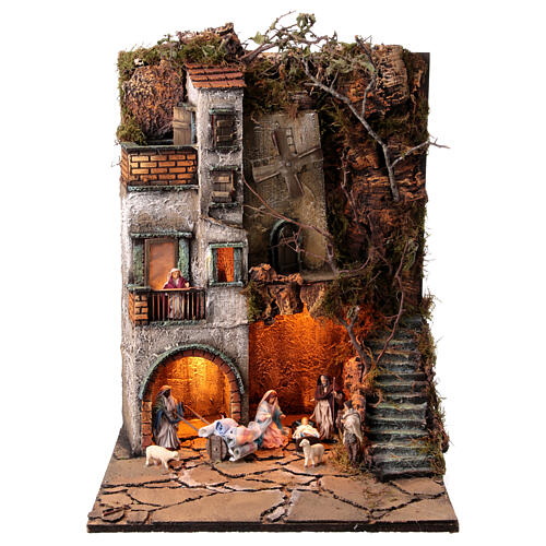 Neapolitan nativity village 8 cm figures with well 55x40x40 module 5 statues. 1