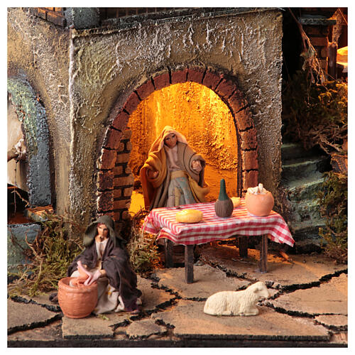 Neapolitan nativity village with 8 cm figures and fountain 55x40x40 module 6 2