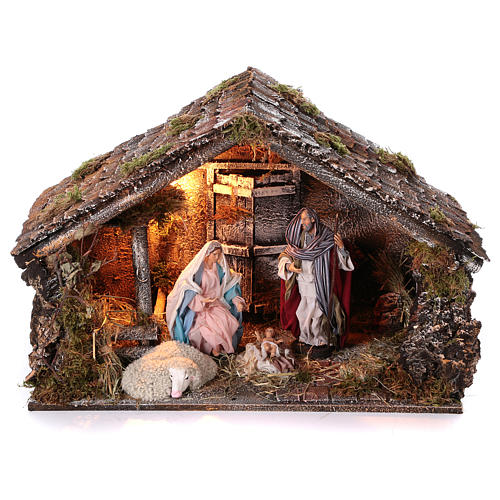 Cabane avec Nativité en bois 22 cm crèche napolitaine 45x65x35 cm avec santons 1
