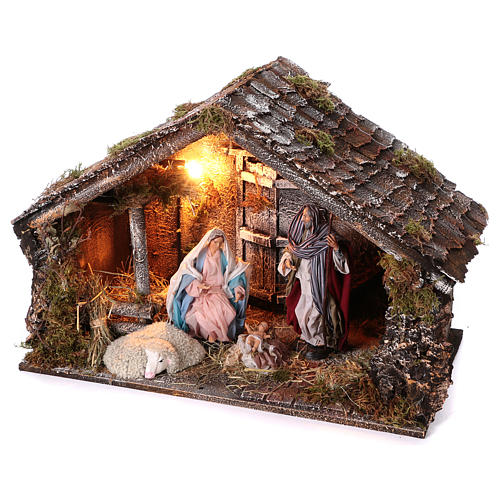 Cabane avec Nativité en bois 22 cm crèche napolitaine 45x65x35 cm avec santons 2