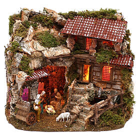 Wooden stable with fountain with Moranduzzo nativity 30x40x25 cm