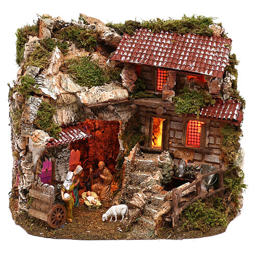 Wooden stable with fountain with Moranduzzo nativity 30x40x25 cm 1