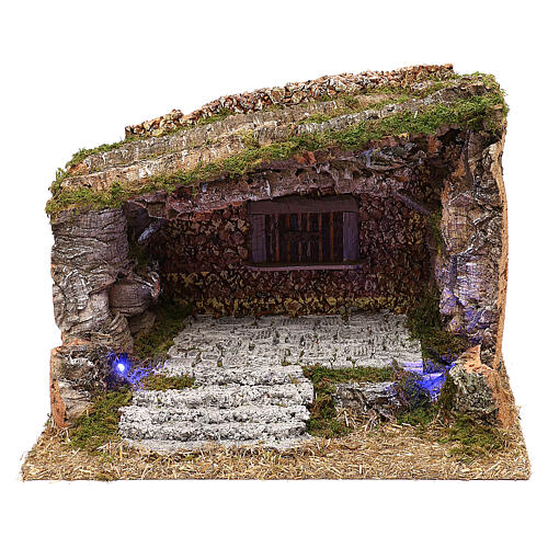 Wooden Nativity stable with cork and moss 30x40x30 cm 1