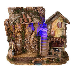 Nativity stable night time effect bridge and river, 30x40x25 cm
