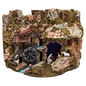Krippe Hütten und Grotten: Landschaft mit Wassermühle, 40x55x10 cm, mit 10 cm Figuren von Moranduzzo