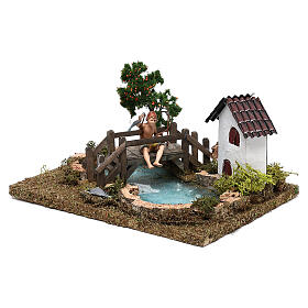 Miniature pond with fisherman on bridge, for 10 cm nativity