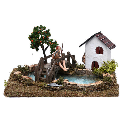 Miniature pond with fisherman on bridge, for 10 cm nativity 1