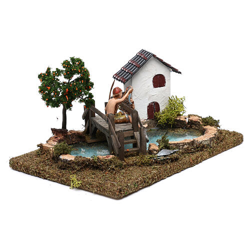 Miniature pond with fisherman on bridge, for 10 cm nativity 3