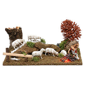 Scene with herdsman and LED fire, 10 cm nativity