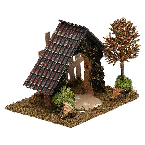 Cabana em cortiça com cerca e árvore para presépio com figuras de 6 cm de altura média 3