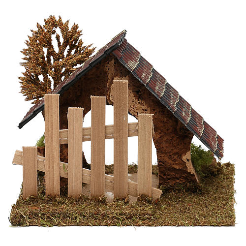 Cabana em cortiça com cerca e árvore para presépio com figuras de 6 cm de altura média 4