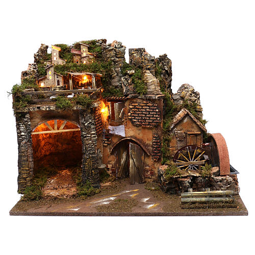 Mountain village landscape and lighted houses watermill, 45x60x35 cm 1
