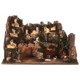 Ambientazione paesaggio 45x60x35 cm luci fuoco led effetto fiamma presepi 7 cm