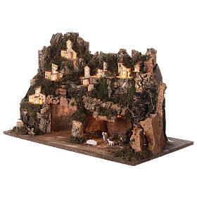 Ambientazione paesaggio 45x60x35 cm luci fuoco led effetto fiamma presepi 7 cm