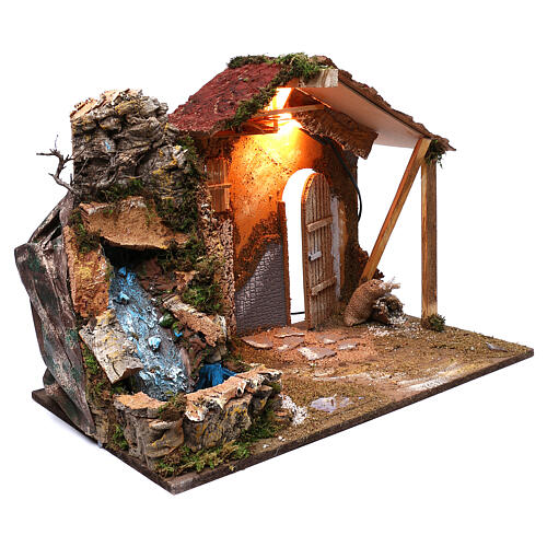 Stable with sloped roof working fountain 45x60x35 cm, for 8 cm nativity 3