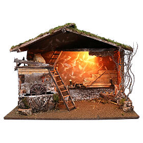 Nativity stable lighted and working mill 55x75x40 cm, for 10 cm nativity