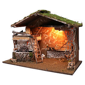 Nativity stable lighted and working mill 55x75x40 cm, for 10 cm nativity