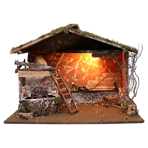 Nativity stable lighted and working mill 55x75x40 cm, for 10 cm nativity 1