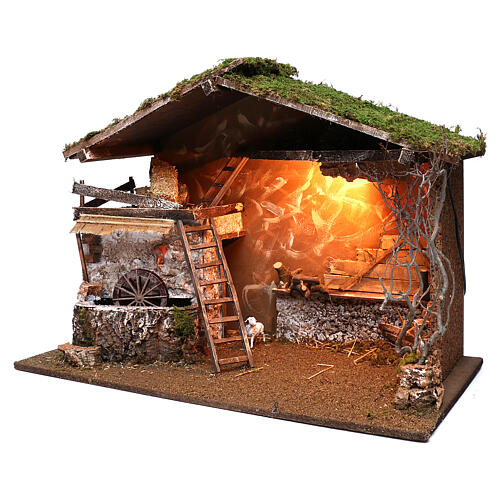 Nativity stable lighted and working mill 55x75x40 cm, for 10 cm nativity 2