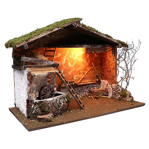 Nativity stable lighted and working mill 55x75x40 cm, for 10 cm nativity 3