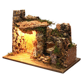 Illuminated setting with hut and side fountain in masonry 35x50x25 cm for Nativity scenes of 9 cm