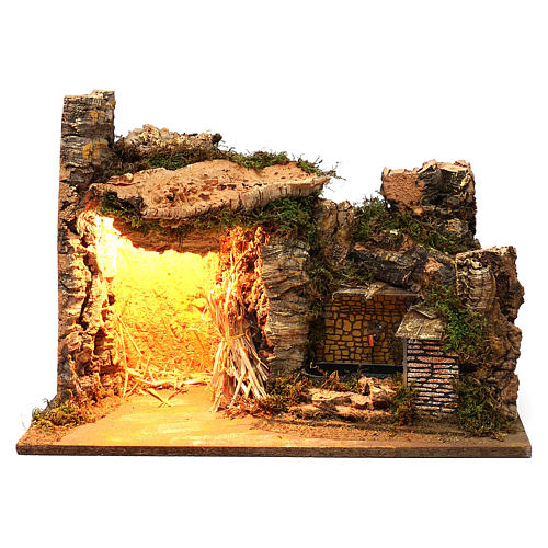 Illuminated setting with hut and side fountain in masonry 35x50x25 cm for Nativity scenes of 9 cm 1