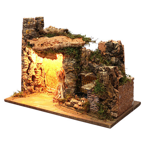 Illuminated setting with hut and side fountain in masonry 35x50x25 cm for Nativity scenes of 9 cm 2