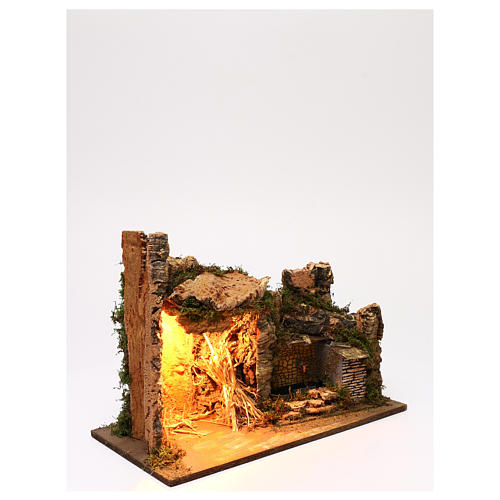 Illuminated setting with hut and side fountain in masonry 35x50x25 cm for Nativity scenes of 9 cm 3