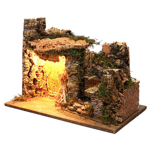 Stable lighted with side wall fountain 35x50x25 cm, for 9 cm nativity 2