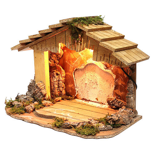 Illuminated hut with white background and sloping roof 35x50x25 cm for Nativity scenes of 7 cm 2