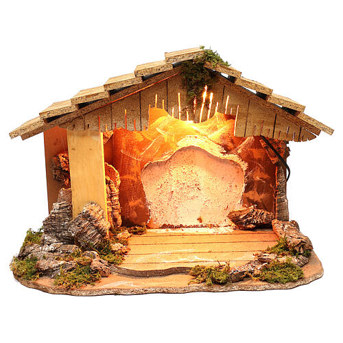 Illuminated stable with white background sloped roof 35x50x25 cm, for 7 cm nativity 1