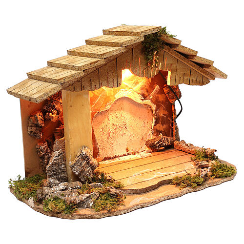 Illuminated stable with white background sloped roof 35x50x25 cm, for 7 cm nativity 3