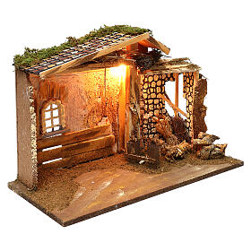 Lighted Nativity stable with window and haystacks 35x50x25 cm