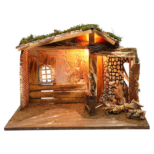 Lighted Nativity stable with window and haystacks 35x50x25 cm 1