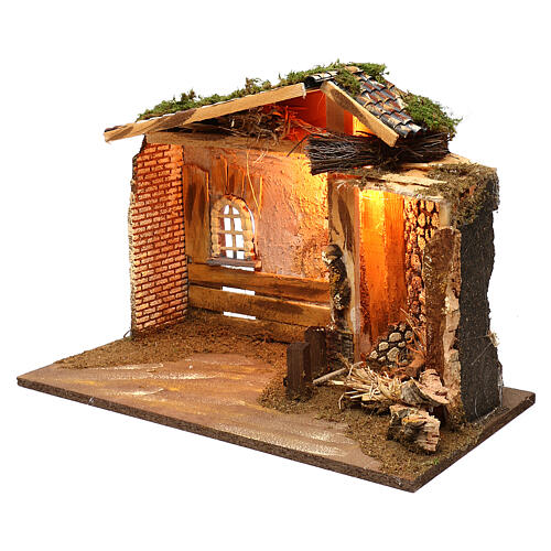 Lighted Nativity stable with window and haystacks 35x50x25 cm 3