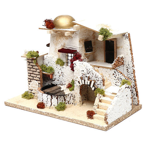 Arab house with golden dome working fountain 25x35x20 cm, for 7 cm nativity 3